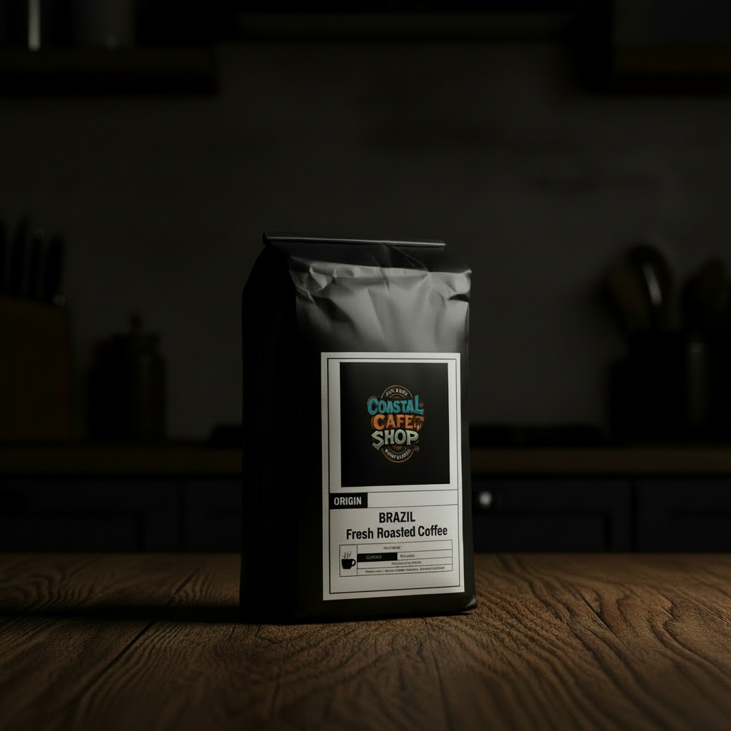 Brazil Santos coffee bag on dark surface