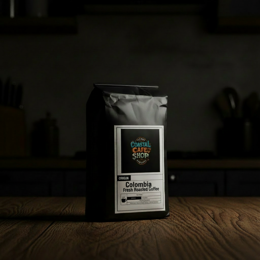 Colombia single origin coffee bag on dark surface