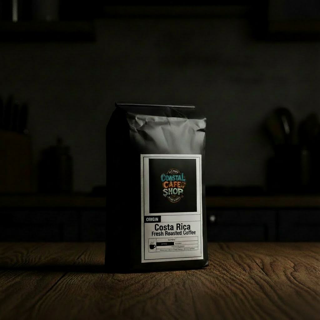 Costa Rica coffee bag on dark surface