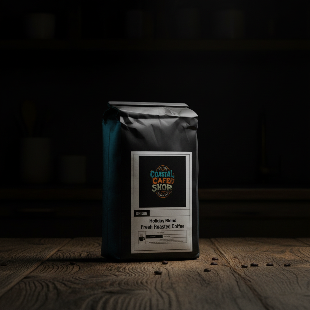 Holiday Blend coffee bag on dark surface