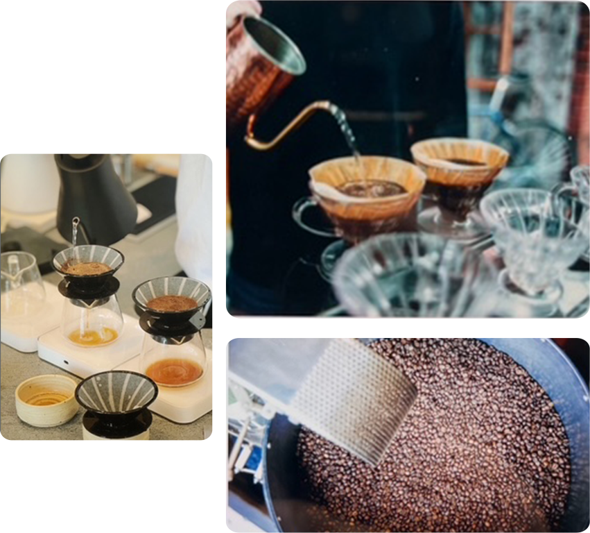 Collage of coffee-making process including brewing and beans.